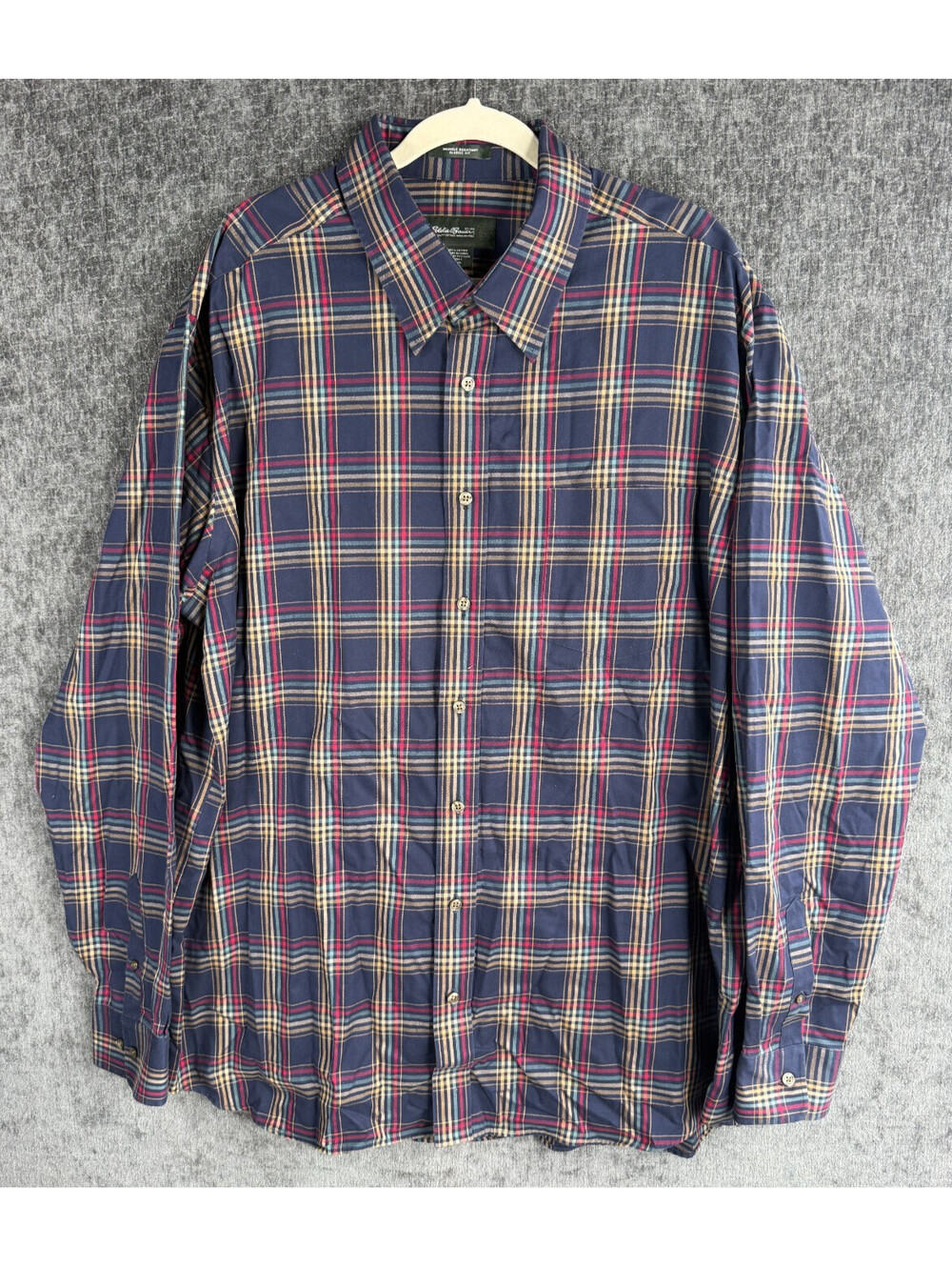 Eddie Bauer Mens XXL Tall Wrinkle Resistant Plaid Shirt Blue Red 100% Cotton